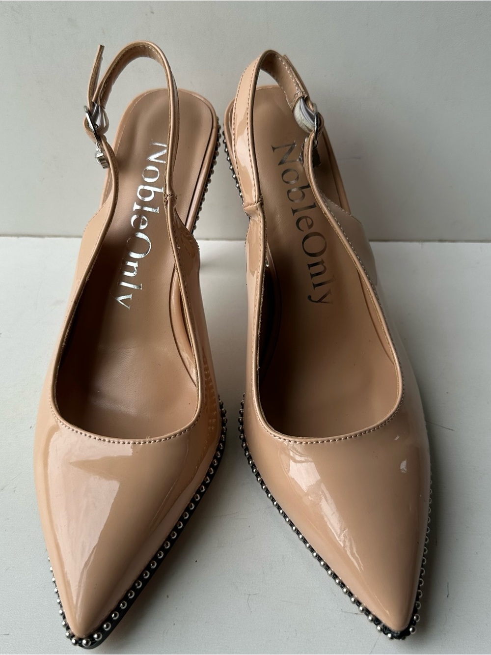 NobleOnly Womens Nude Patent Slingback Heels Pointed Toe Stud Trim US 7